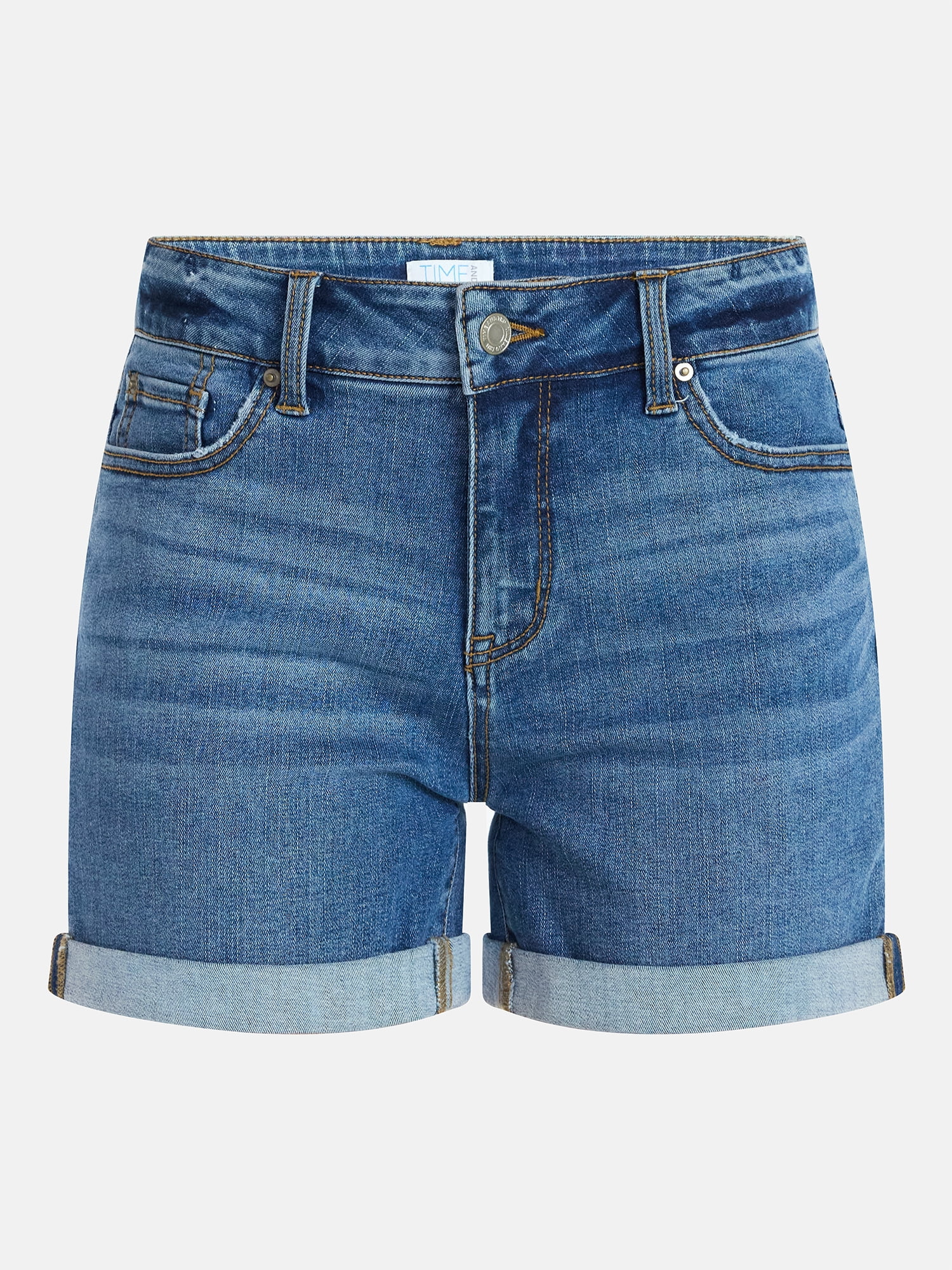 Time and Tru Women's Mid Rise Roll Cuff Denim Shorts, 4" Inseam, Sizes 0-20