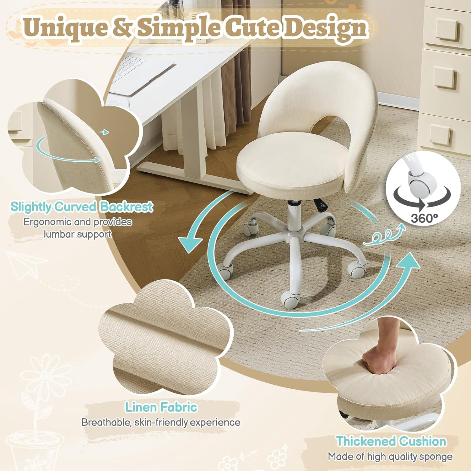 VINGLI Small Vanity Chair with Wheels for Girls.Cute Modern Adjustable Height Armless Office Desk Chair.360°Swivel Comfy Rolling Chair for Study, Make up Room,Small Space,Linen White