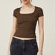 thumbnail image 3 of Camiseta de mujer transpirable con cuello cuadrado de color puro y manga corta ajustada para desplazamientos, 3 of 5
