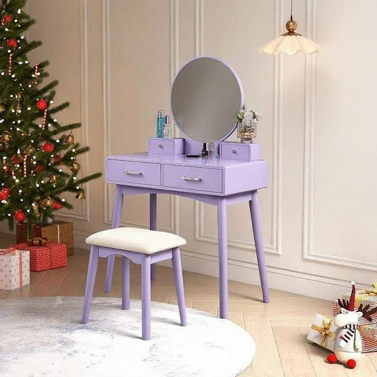 Liannon Contemporary Wood Vanity and Stool Set, Purple - Makeup