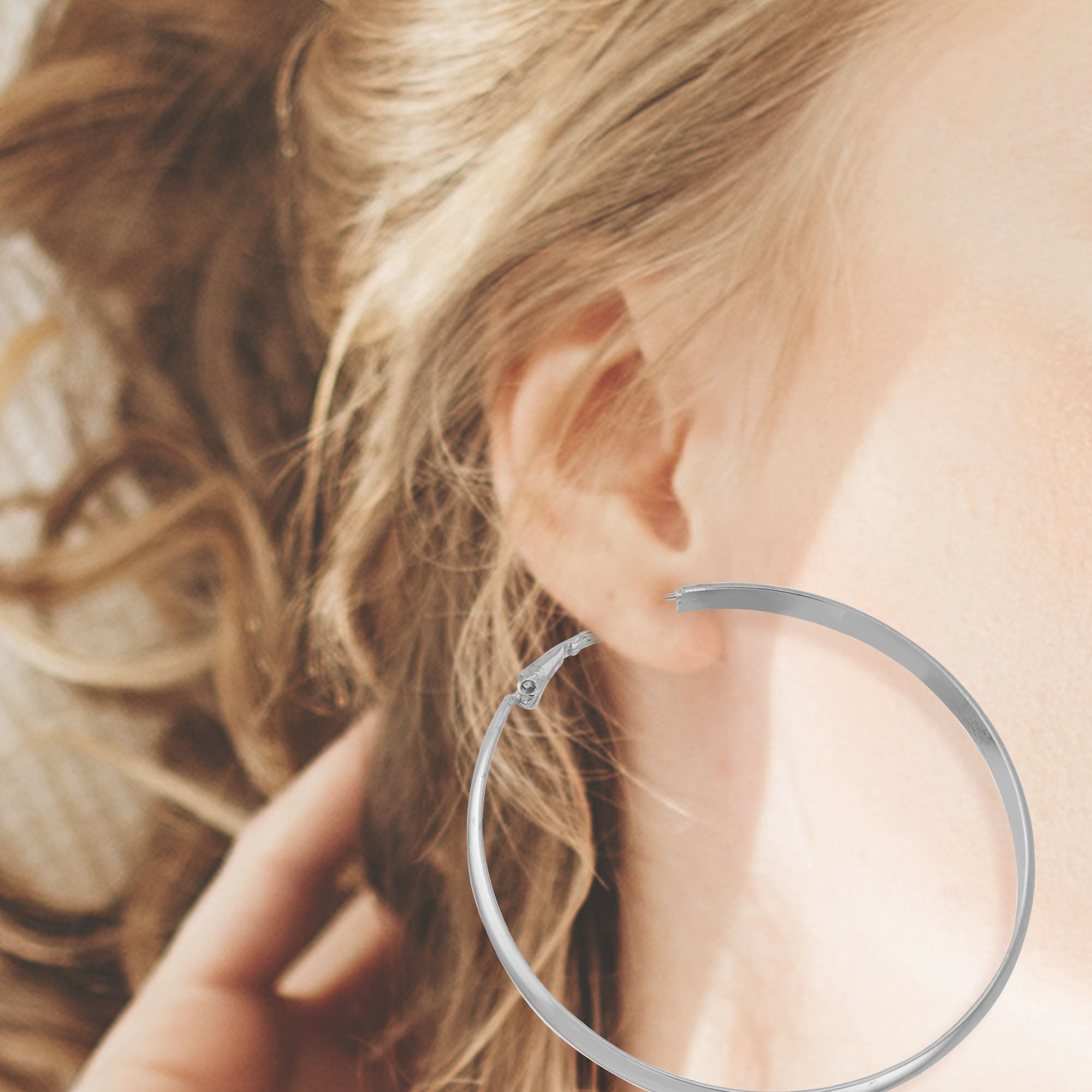 X & O Women's Silver Plated Polished 5mm X 60mm Hoop Earrings