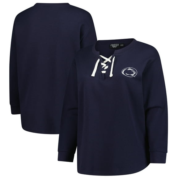 Women's Fanatics Navy Penn State Nittany Lions Lace-Up Waffle Knit Plus Size Long Sleeve T-Shirt