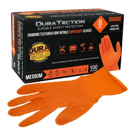 

Dura-Gold Duratection 8 Mil Orange Super Duty Diamond Textured Nitrile Disposable Gloves Box of 100 Medium - Latex Free Powder Free Food Safe Safety Protection Work Gloves Mechanical Industrial