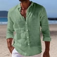thumbnail image 2 of LNZGNM Men's Casual Button Down Shirts Long Sleeve Beach Summer Lapel Shirt Linen Cotton Lightweight Solid Shirts Fashion Textured Top,Green M, 2 of 4