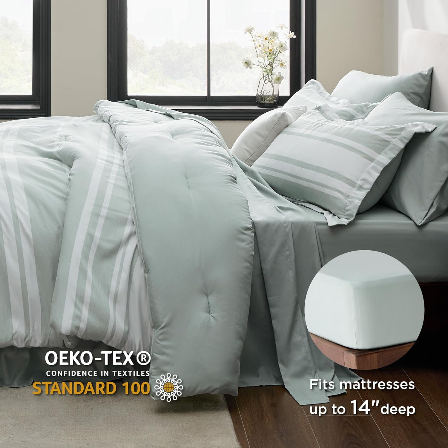 U by Bedsure Full Comforter Set, 7 Pieces Sage Green Striped Bedding Sets All Season, Bed in a Bag with Comforter, Sheets, Pillowcases & Shams