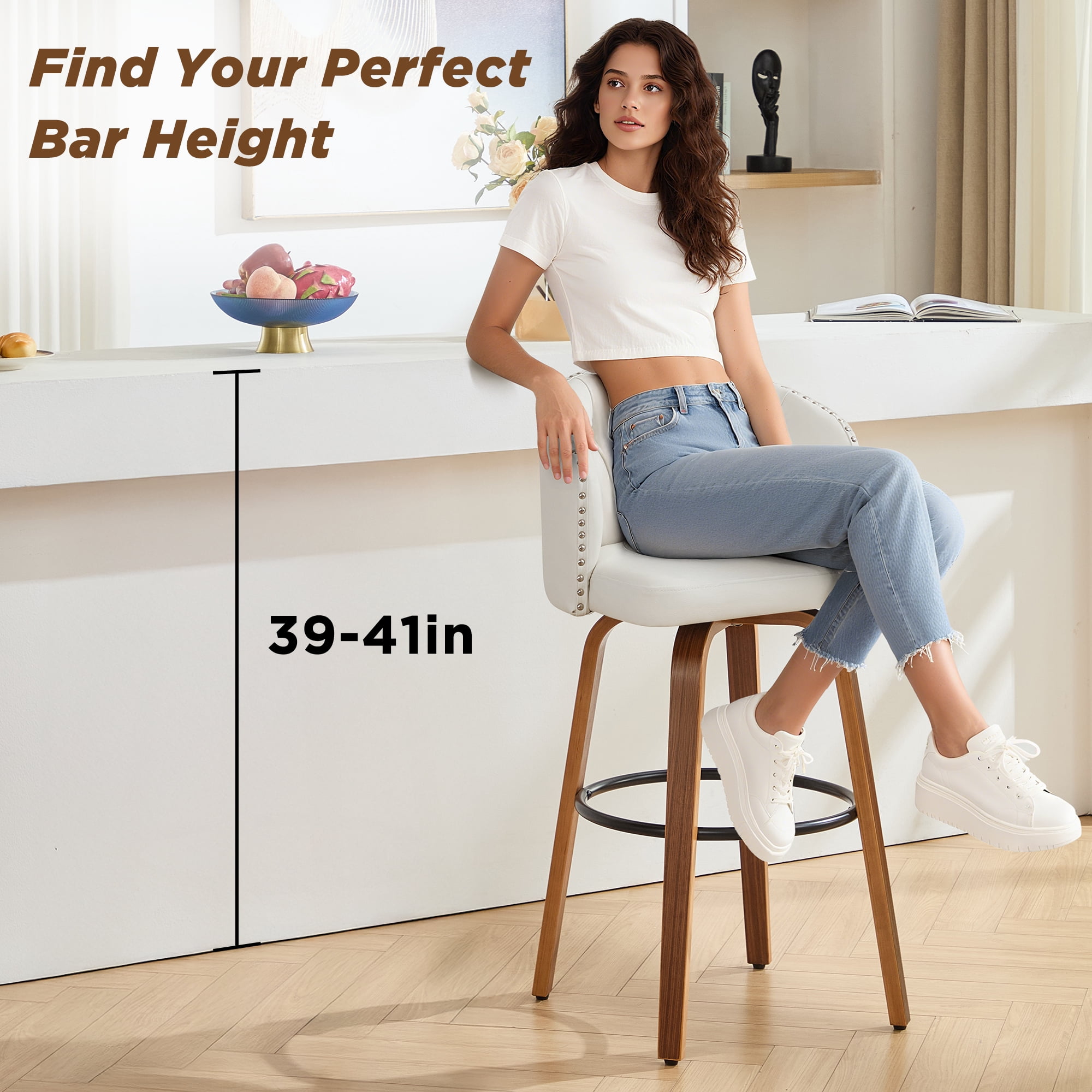 Fahomiss 28" Swivel Bar Stools with Back Set of 2, Leather Farmhouse Bar Height Stools, White