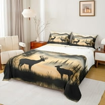 Manfei Jungle Animal Deer Twin Sheet Sets,Rustic Farmhouse Cabin Twin Fitted Sheet,Tropical Plant Tree Flat Sheet For Children,Microfiber Bedroom Decor,3-Piece