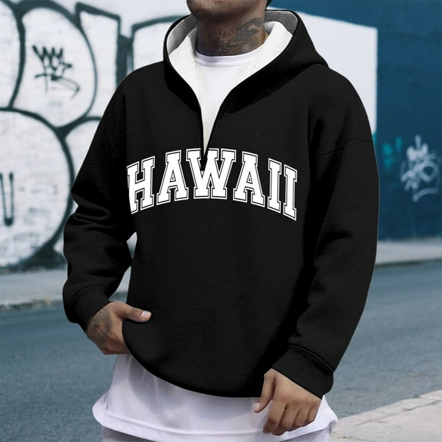 MHFRRA Sudadera con Capucha y Cremallera de Un Cuarto con Estampado de Letras, Informal, con Bolsillo Frontal, para Ropa de Calle, Moda, Ajuste Cómodo Negro