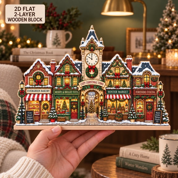 Cozy Christmas Town Winter Village Wooden Block for Holiday Tabletop Decor