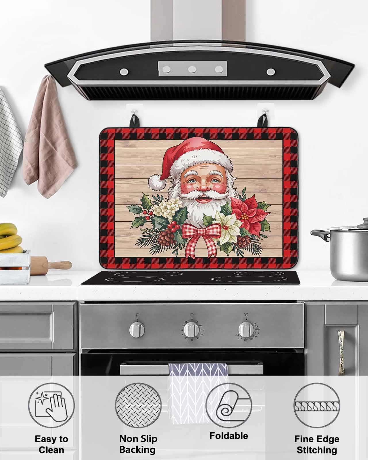Large Induction Cooktop Protector Mat Christmas Stove Top Covers for Electric Stove, Winter Santa Claus Poinsettia Wooden Grain Decorative Stove Burner Cover Mats, Glass Top Stove Cover