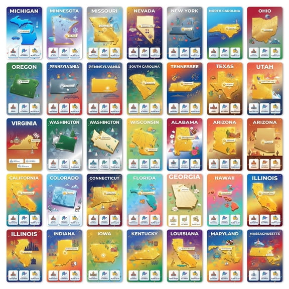 36PCS USA States Flash Cards with Capitals, Maps & Characters, Educational Geography Card Games for Family, Home, School Learning & Travel Supplies
