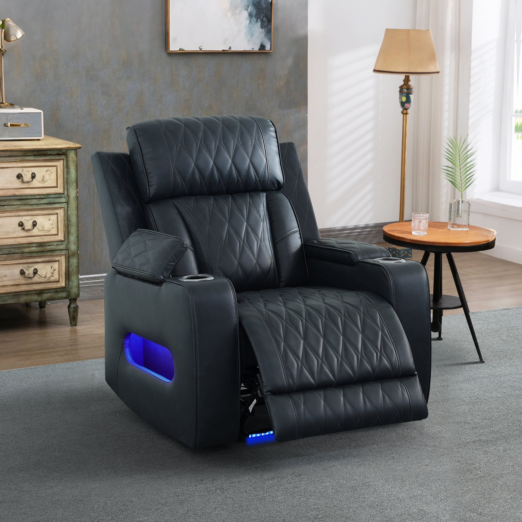 Gewnee Power Recliner Chair, Adjustable Reclining Lounge Chair with USB Ports, LED Lights & Cup Holders, Air Leather Upholstered Single Sofa Recliner for Living Room, Office, Blackish Gray