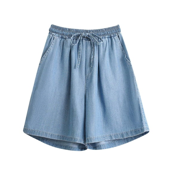 Kovlvoll Shorts Women Plus Size Summer Lightweight Wide Leg Drawstring Elastic Waisted Loose Casual Denim Knee Shorts