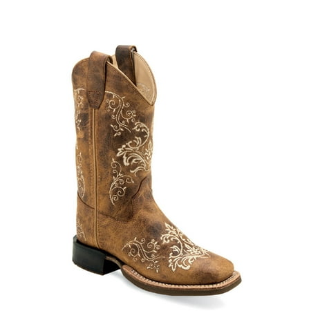 

Old West Boys Floral Western Boot Broad Square Toe Tan 7 D(M) US