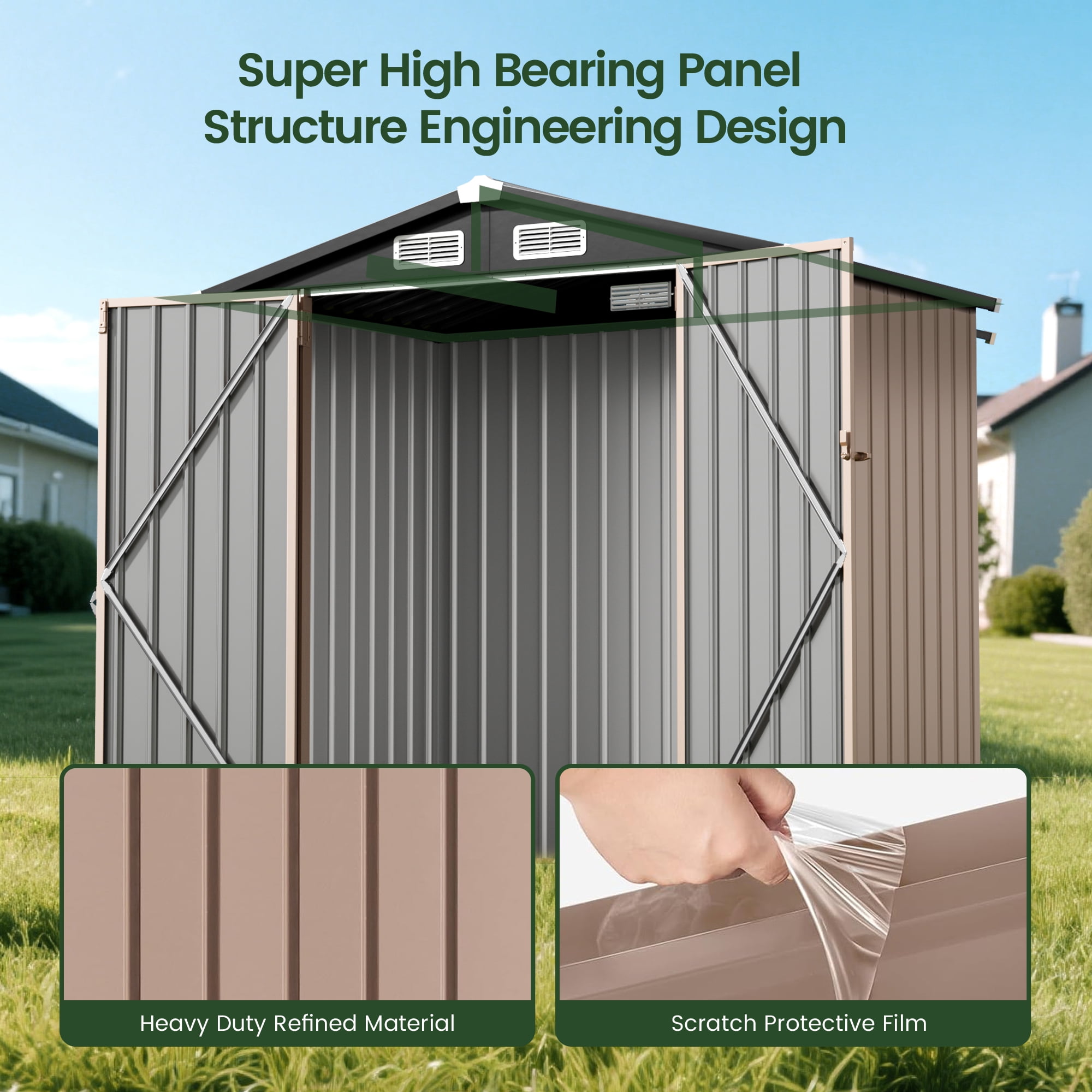 GVDV Metal Shed, 6 x 4 ft Metal Outdoor Storage Shed with Updated Frame, Lockable Doors & Waterproof, Brown