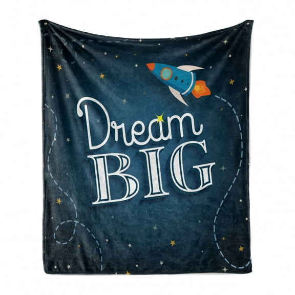 Saying Soft Flannel Fleece Blanket, Inspirational Typography with Dream Big Inscription Space Rocket and Galaxy Backdrop, Cozy Plush for Indoor and Outdoor Use, 50" x 70", Multicolor, by Ambesonne