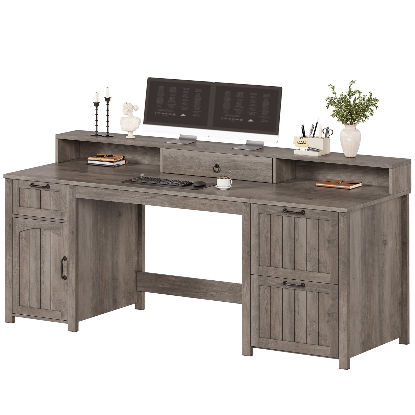 Executive Desk, 63" Farmhouse Desk with Storage, Home Office Desk with Drawers and Cabinet, Wood Desk with Monitor Stand, Rustic Writing Desk Study Table, Elegant Computer Desk with File Drawer, Grey