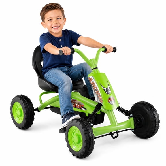 ELLEGNT Kids Pedal Go Kart, 4 Wheel Ride On Racer with Adjustable Seat and Steering, Age 3 , Green
