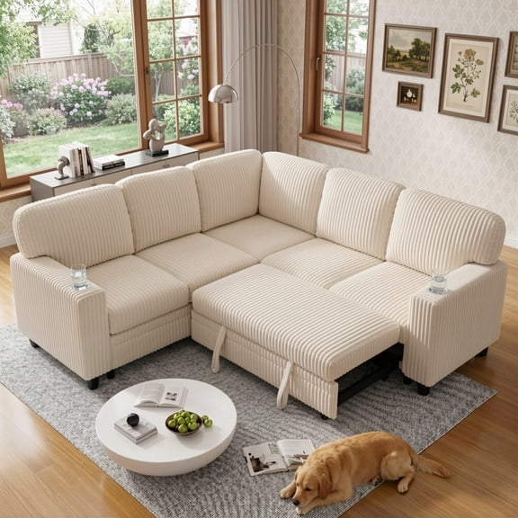 Howcool Modular Sectional Sleeper Sofa, 81" L-Shaped Oversized Cloud Couch with Pull-Out Bed, 5-Seat Corduroy Sofa with Storage Chaise, USB Charging and Cup Holders for Living Room Apartment,Beige