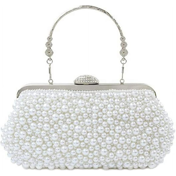 Women's Pearl Beaded Clutch Evening Handbags for Formal Bridal Wedding Clutch Purse Prom Cocktail Party（White）