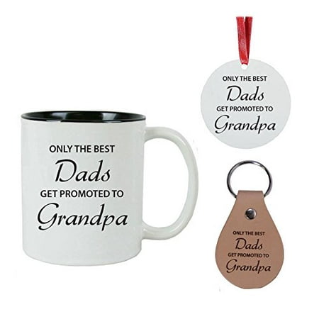 Only the Best Dads Get Promoted to Grandpa 11 oz White Ceramic Coffee Mug, 3-inch Glossy Aluminum Christmas Ornament, Genuine Leather Keychain, Gift