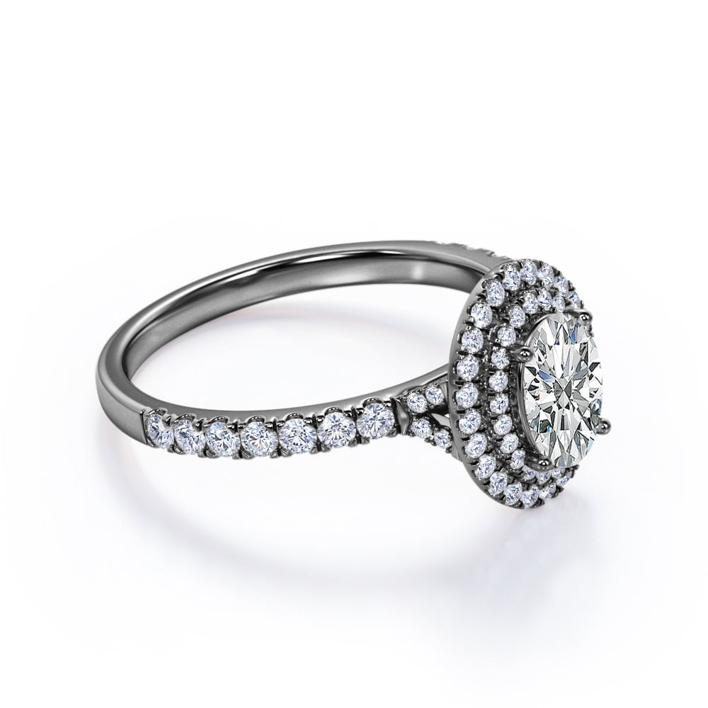 JeenMata 1.5 Carat Egg Shaped Moissanite - Duo Halo Set - Pave Style Engagement Ring - 18K Black Gold Plating over Silver