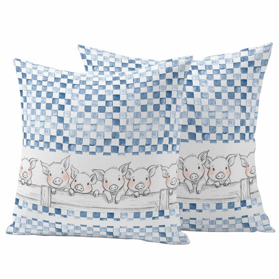 Outdoor Pillow Covers 24 x 24 Inches, Blue Plaid Farmhouse Waterproof Throw Pillow Cover Set of 2, Watercolor Cute Country Pigs Checkered Decorative Square Cushion Covers for Patio/Tent/Couch/Garden