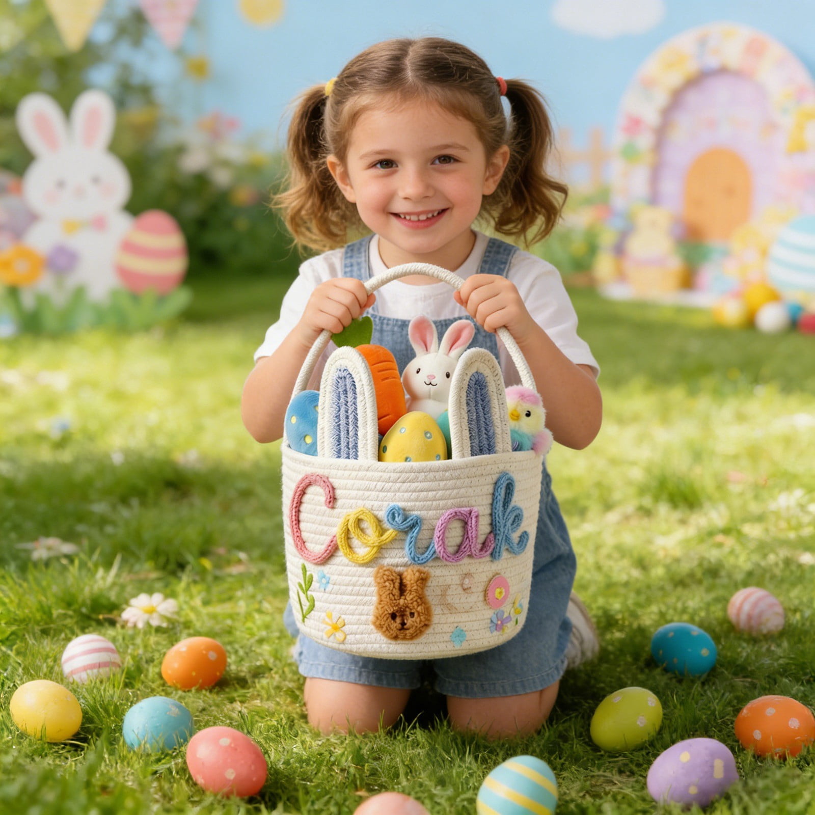 Personalised Easter Basket, Easter Basket 3D Cord Embroidery Technology, Easter Nest for Filling for Boys and Girls, Not Include Dolls (Rabbit Design)