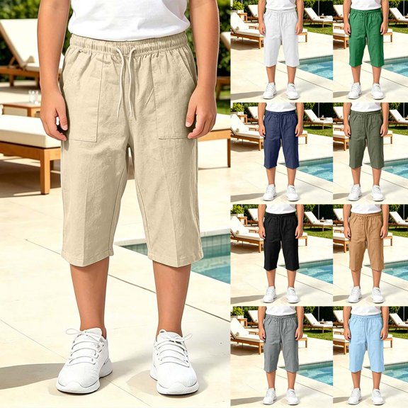 Swanpen Kids Cropped pants Linen Drawstring Capri Pants 5-12Y Loose Straight Leg Casual Trousers for Boys Girls Multi Color