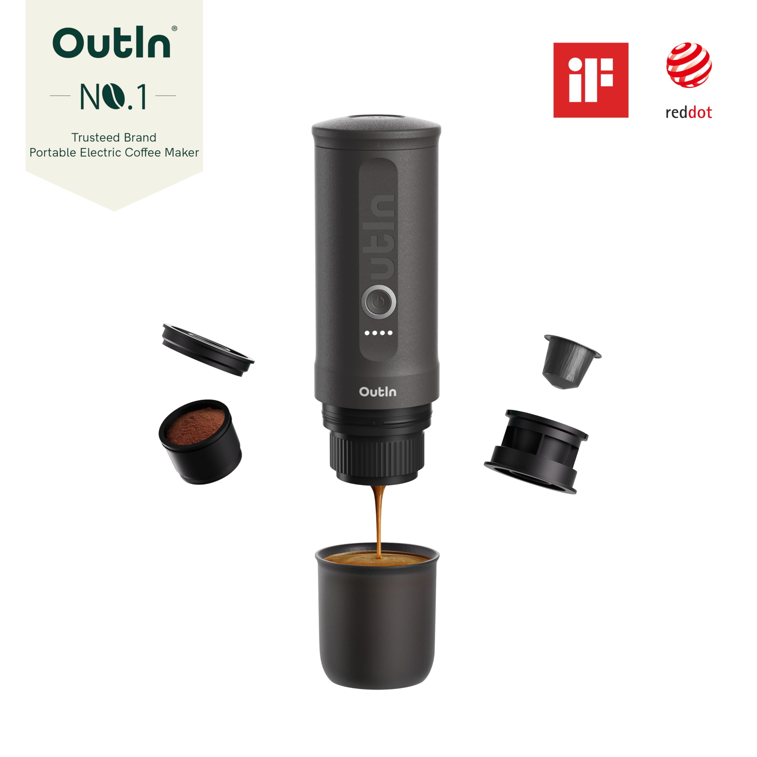OutIn Nano Portable Electric Espresso Machine - Space Grey - Self-Heating Travel Coffee Maker w/USB-C, Works with Ground Coffee & Nespresso Capsules