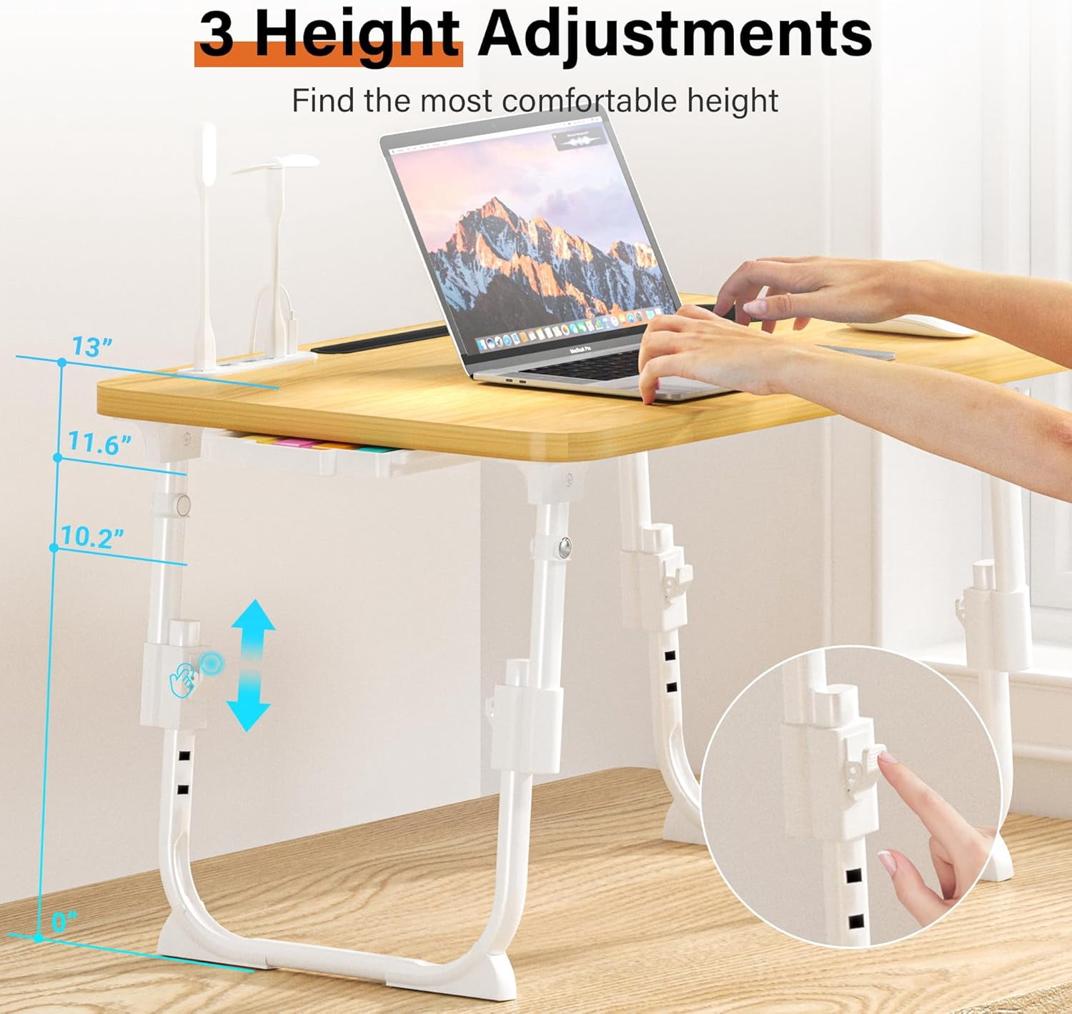 Laptop Bed Desk Height Adjustable, Bed Laptop Table with USB/Storage Drawer/Cup Holder/Tablet Stand/Book Shelf, Foldable Breakfast Tray Portable for Reading Writing, Bed, Sofa & Floor, Wood
