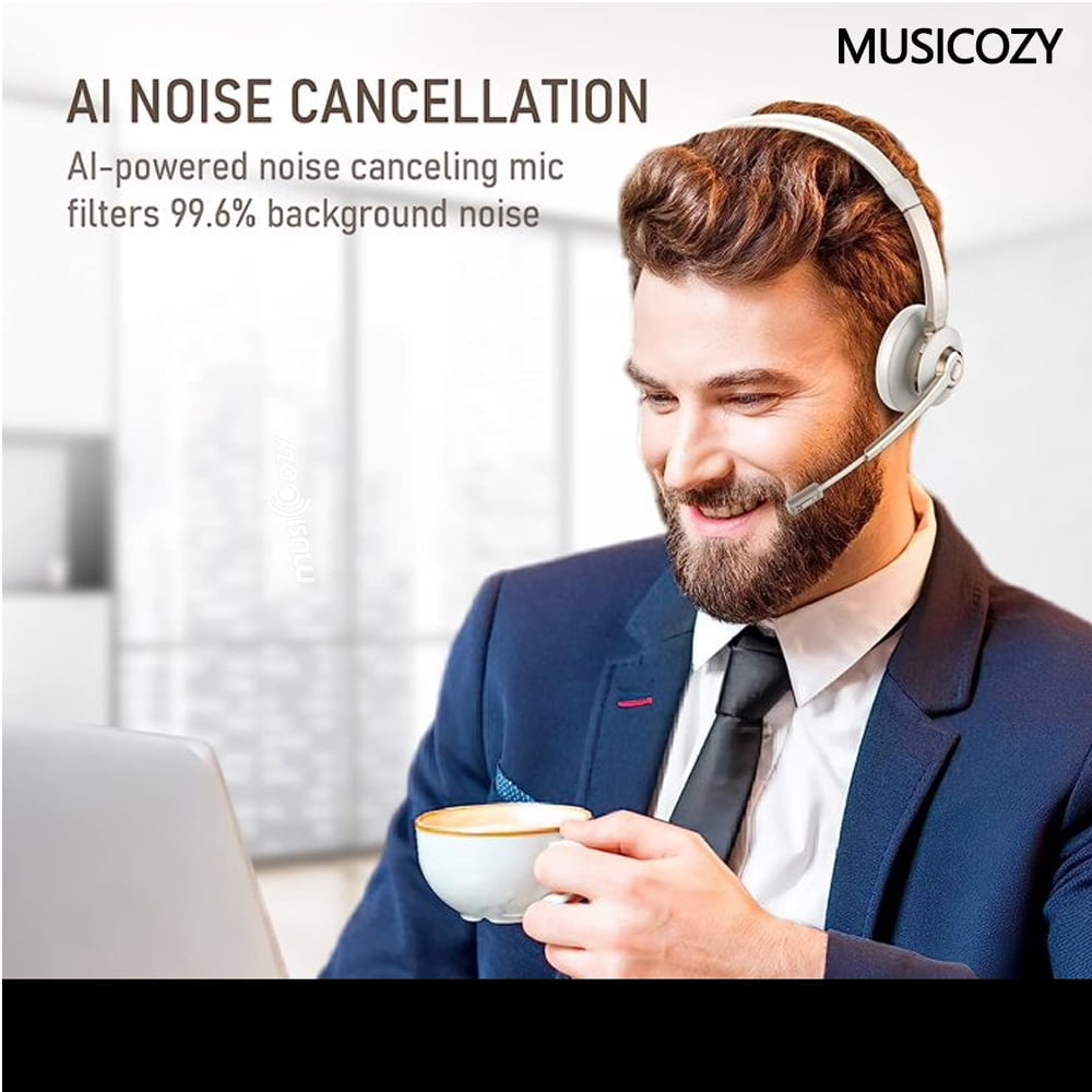 MUSICOZY Bluetooth Headset with Microphone, Wireless Headphones with Noise Cancelling Mic, 26hrs talktime, On Ear Headphones with Mic Mute for Mac/Laptop/Zoom/Teams/Call Center/Office/Home Gold