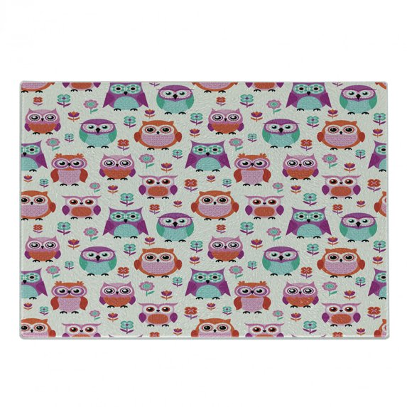 Owls Cutting Board, Owls Happy Hipster Modern Repeated Animals Pattern Illustration, Decorative Tempered Glass Cutting and Serving Board, Small Size, Orange Fuchsia Seafoam, by Ambesonne