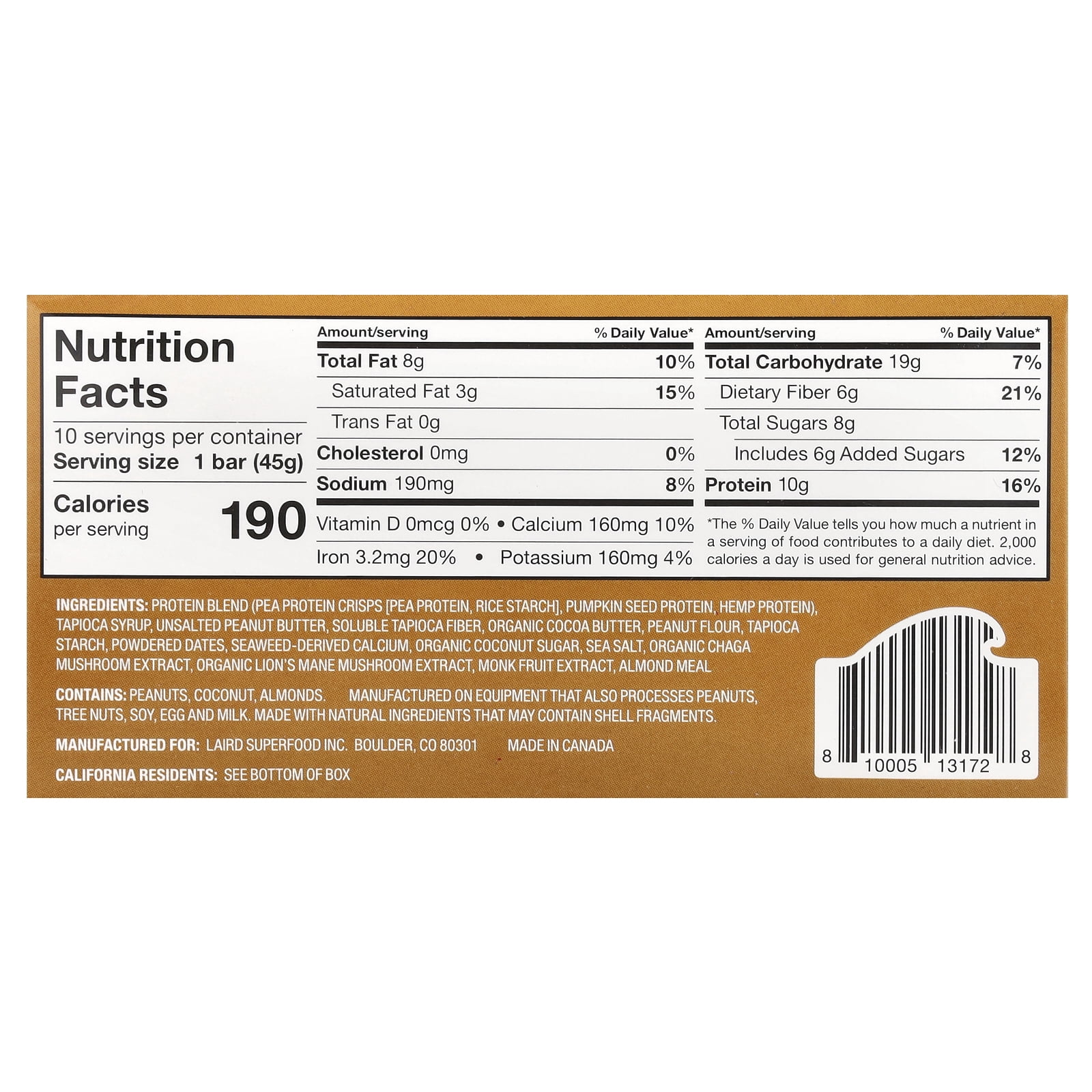 Laird Superfood Protein Bar + Adaptogens, Peanut Butter, 10 Bars, 1.6 oz (45 g) Each