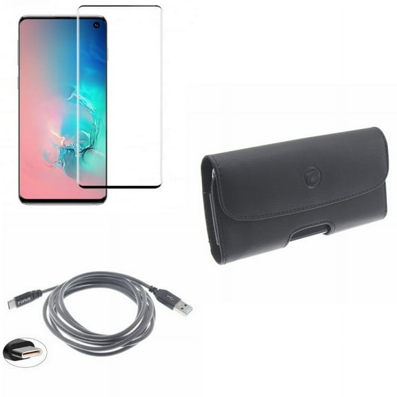 Galaxy S10 Plus (S10 ) - Screen Protector w Case Belt Clip w 6ft USB Cable for - Tempered Glass [Fingerprint Unlock] 3D Curved Edge, Leather Holster Cover, Type-C Charger for Samsung Galaxy S10 Plus