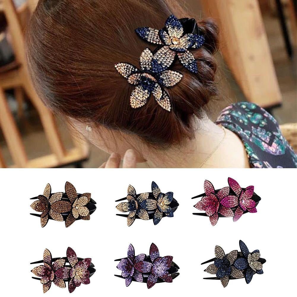 Women Rhinestone Double Flower Hair Clips Shinning Crystal Drills Duckbill Hair Claws Elegant Hair Combs Hairgrip Headwear Hair B7F2