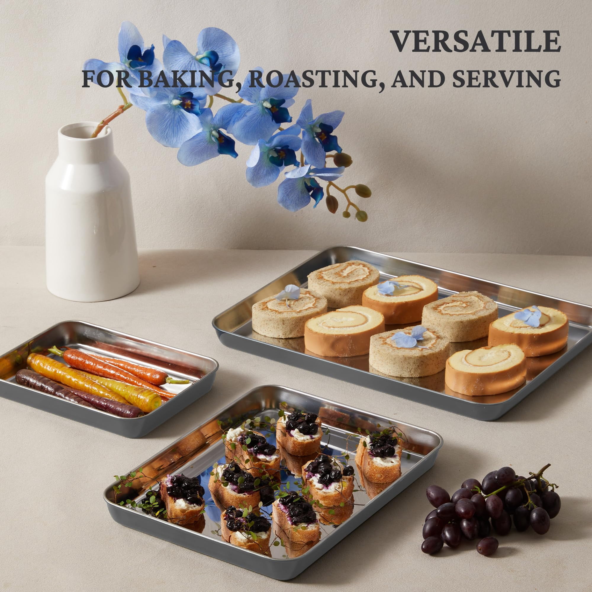 HONGBAKE Stainless Steel Baking Sheet Set of 3, Non Toxic Uncoated Cookie Sheets for Baking, Heavy Duty Baking Sheet Pans for Oven & Toaster, 9/12/16 Inch, Grey