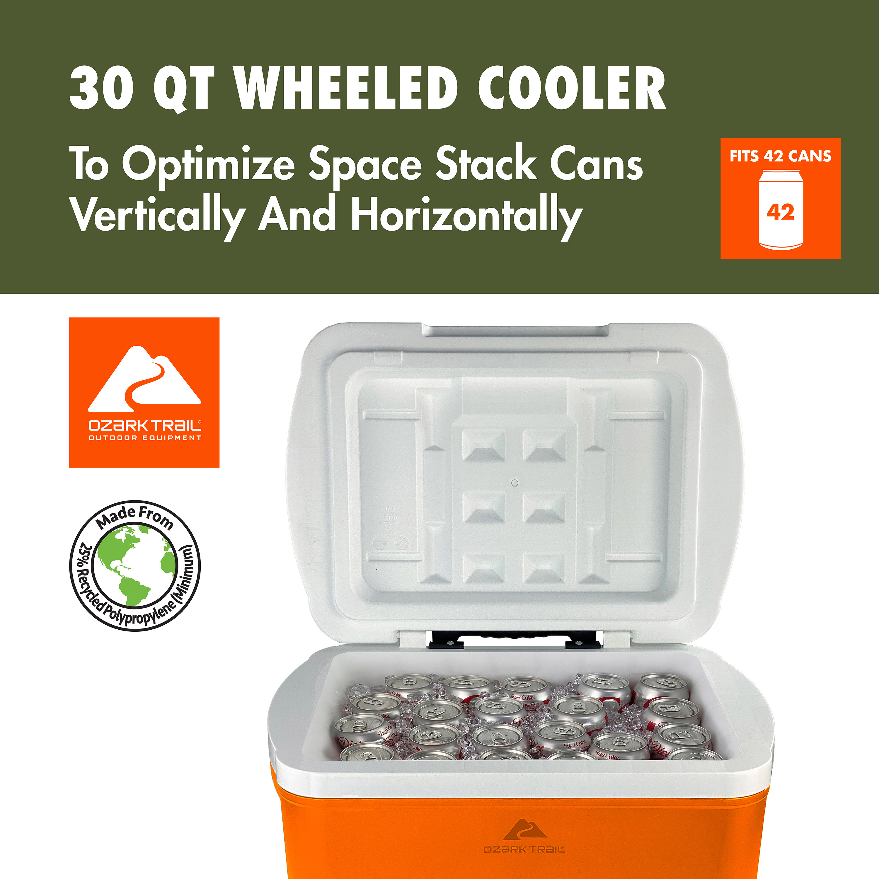 Ozark Trail 30 Quart Capacity Hard Side Wheeled Cooler, 42-Can, Orange