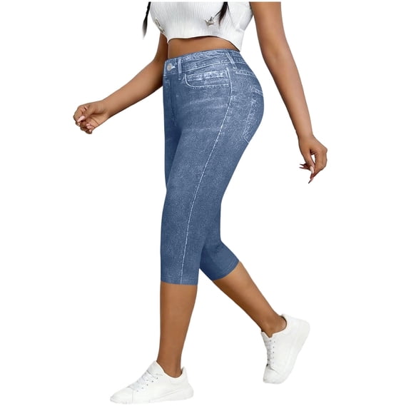 High Waist Capris Jeans for Women Summer Butt Lifting Skinny Faux Denim Capri Stretchy Casual Pants with Pockets