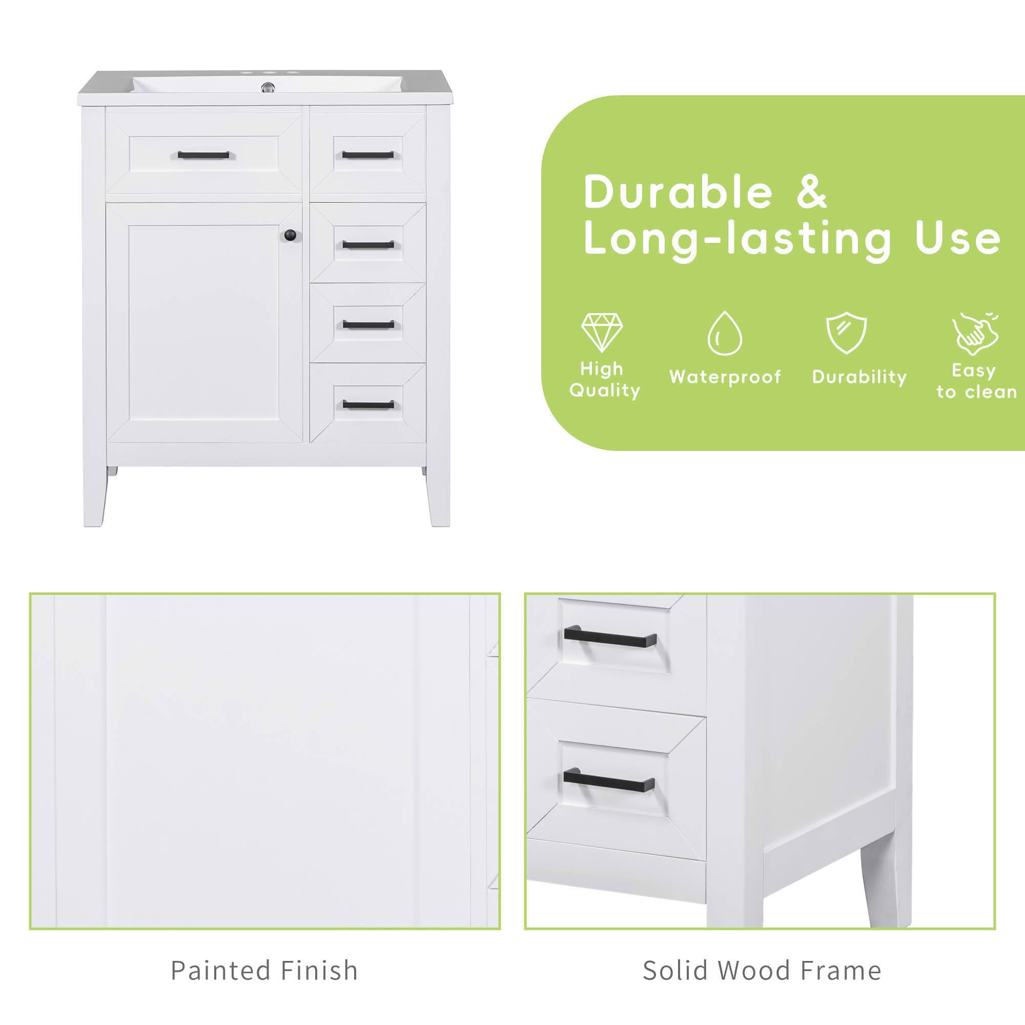MAYEERTY 30" Bathroom Vanity without Sink Cabinet Base Solid Frame MDF Drawers White