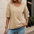 thumbnail image 2 of Krdevn Women's Summer Solid Color V Neck Tee with Double Layer Flared Mid Sleeves Casual Loose Fit Top,Women's Tops, Tees & Blouses,Size:XXL, 2 of 5