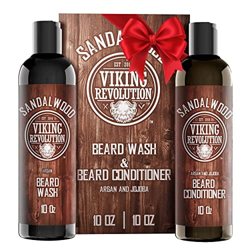Ensemble de Nettoyant pour Barbe et Revitalisant pour Barbe avec Huiles d'Argan et de Jojoba - Adoucit et Fortifie - Parfum Naturel de Bois de Santal - Shampooing pour Barbe avec Huile de Barbe (10 oz)