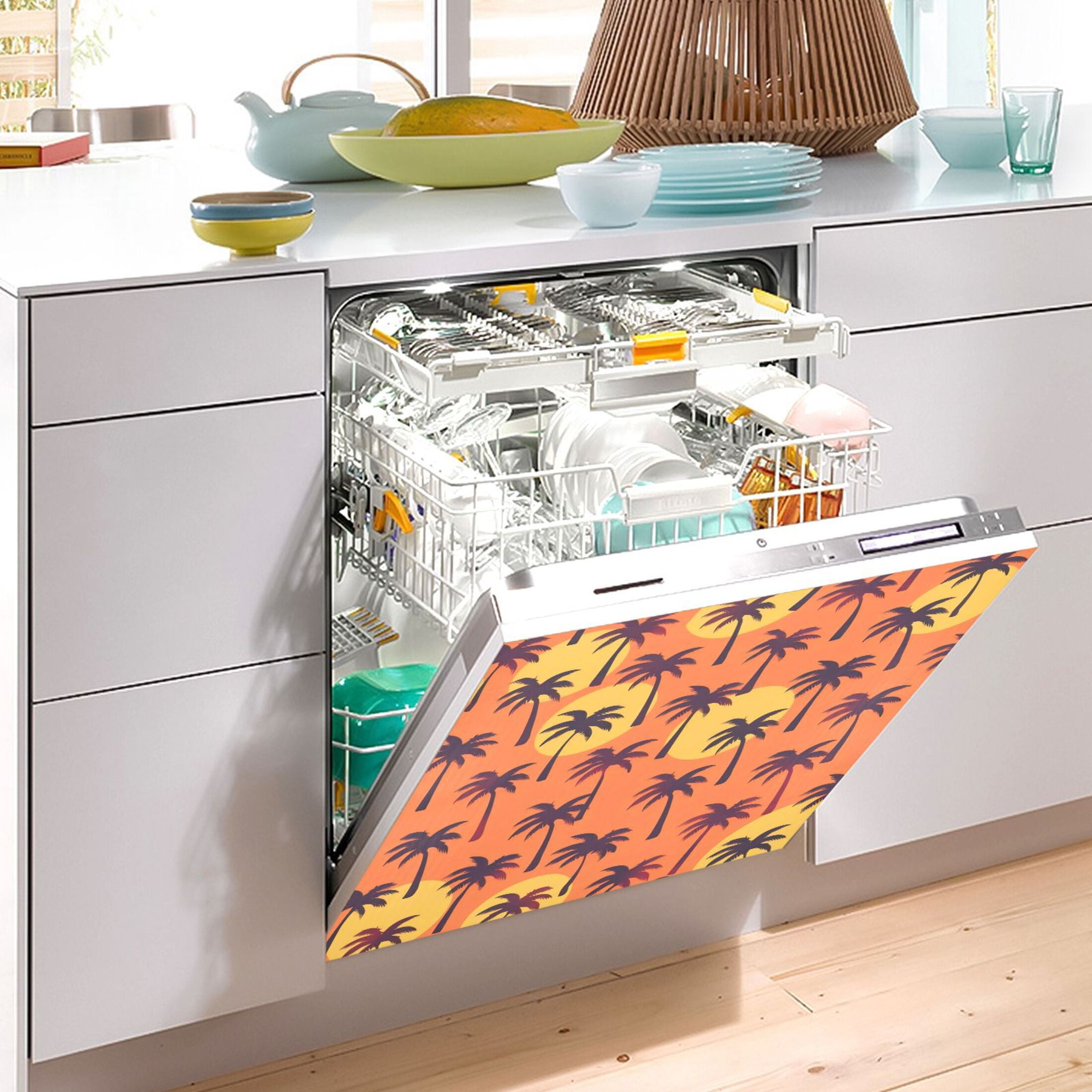 Dishwasher Magnetic Sticker 23x26 Inch Refrigerator Magnetic Sticker Washing Machine Magnetic Sticker Kitchen Panel Magnetic Sticker Home Decor Orange Sunset Coconut Tree