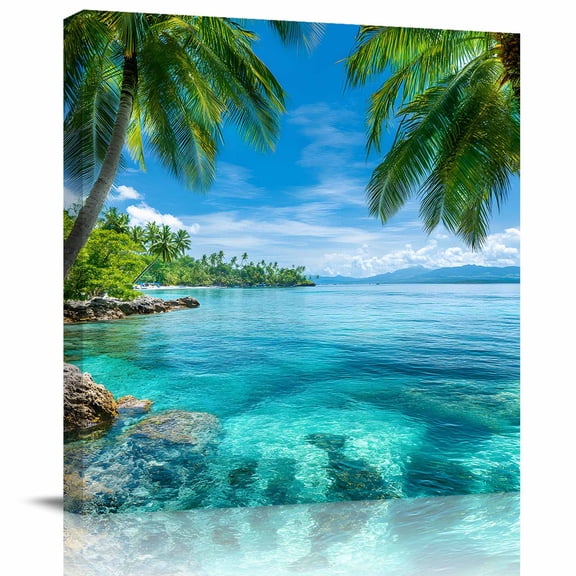 Wall Art Prints, Ocean Framed Canvas Prints for Bedroom Living Room Bathroom Office, Blue Sky Palm Tree Beach Scenery Forest Shore Gallery Wrap Wall Art Poster for Gifts Home Decor 16"x16"