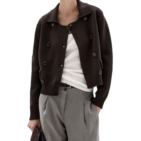 Women Long Sleeve Double Breasted Notched Lapel Casual Loose Fit Cropped Cardigan with Pockets Brown L