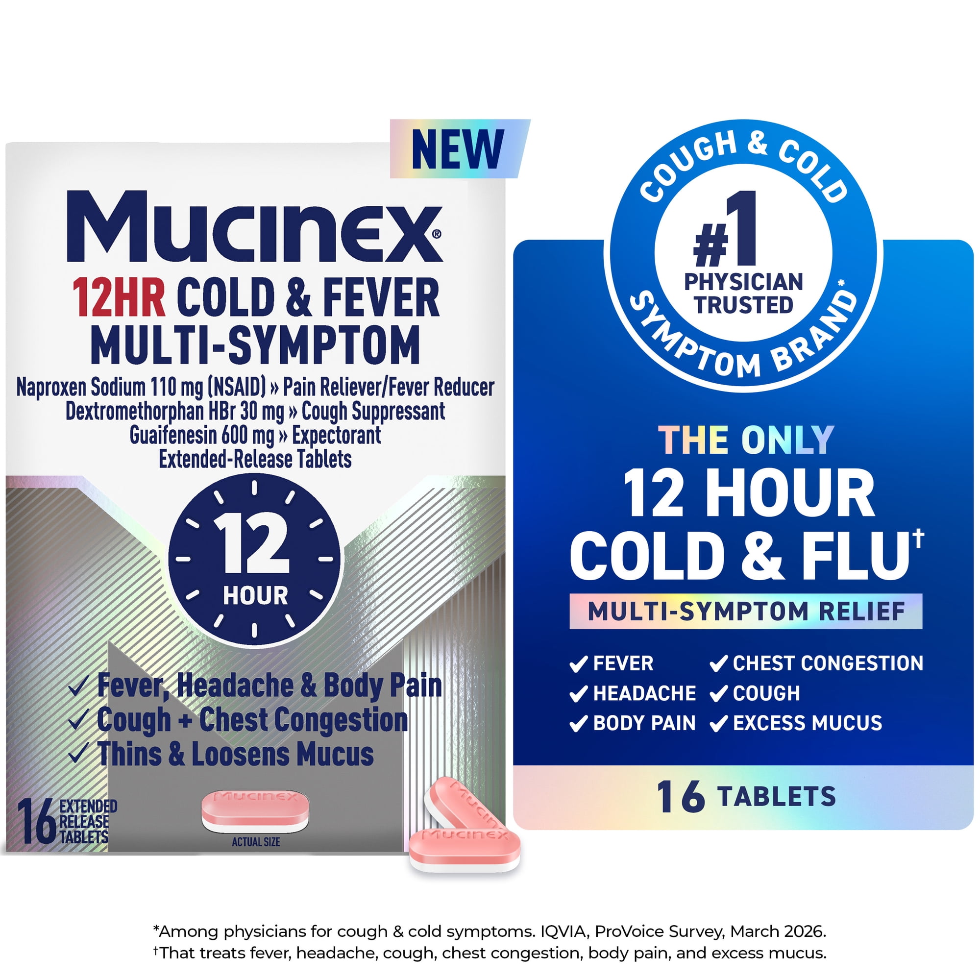 Mucinex 12 Hour Cold and Flu Medicine for Adults, Long Lasting Cough & Cold Medicine For All Day Relief of Headache, Body Aches, Fever, Cough, & Chest Congestion, 16 Bi-layer Tablets