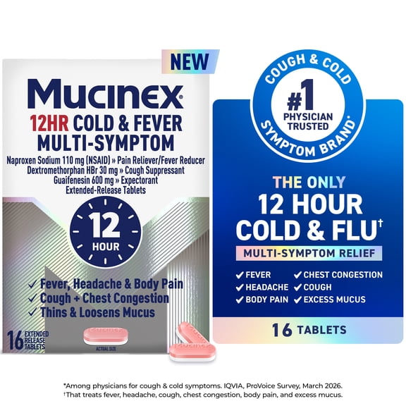 Mucinex 12 Hour Cold and Flu Medicine for Adults, Long Lasting Cough & Cold Medicine For All Day Relief of Headache, Body Aches, Fever, Cough, & Chest Congestion, 16 Bi-layer Tablets