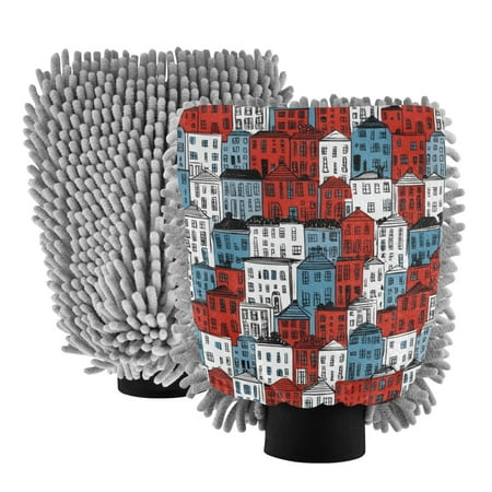 Microfiber Car Wash Gloves With Chenille & Polyester Terry Scratch-Free Cleaning Elastic Cuffs Red Blue Houses