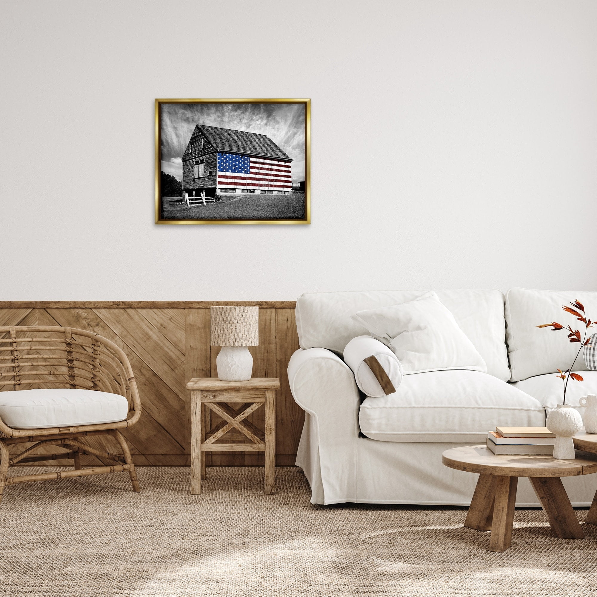 Stupell Industries Black and White Farmhouse Barn American Flag Metallic Gold Framed Floating Canvas Wall Art, 24x30, by James McLoughlin