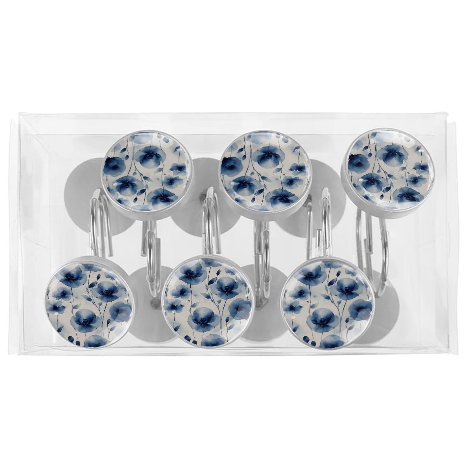 HemaKayy 12 Pcs Shower Curtain Hooks Bathroom Decorative Accessories Ink Blue Flower